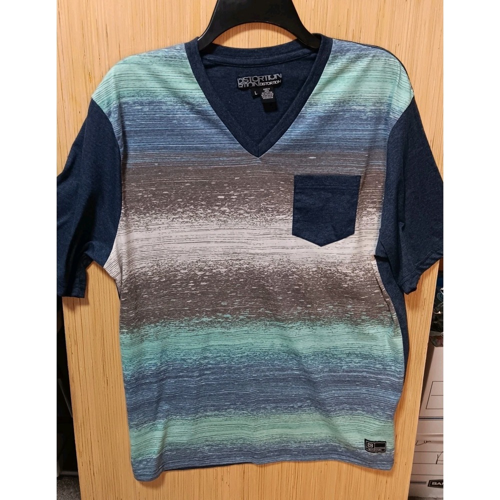 Distortion Men's L Multicolor Money Tirupur Short Sleeve V-Neck‎ Shirt Blue Gray